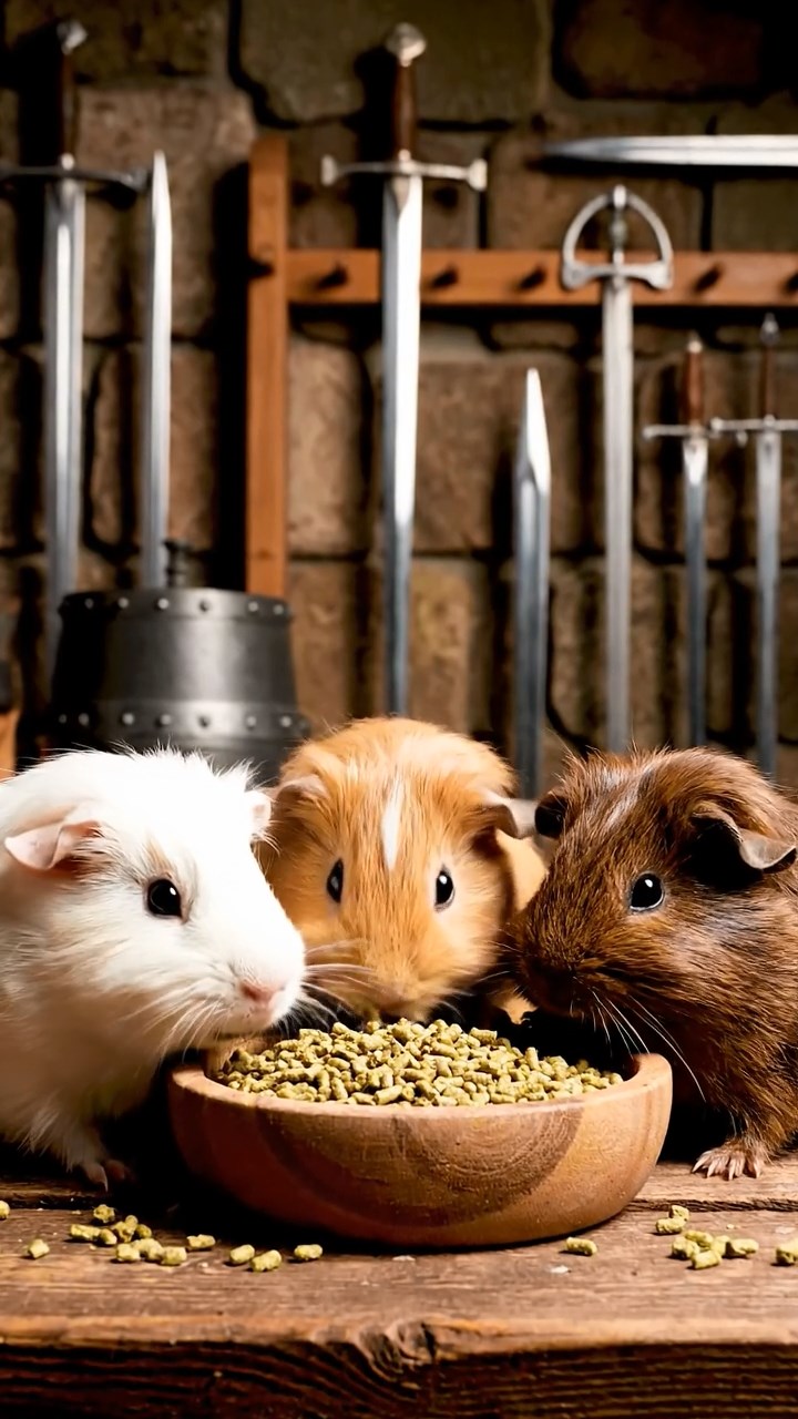 1754. Photorealistic photo of 3 smooth-haired Silkie guinea pigs featuring cream, fawn, and chocolate coats, eating alfalfa pellets, in a medieval armory with swords.