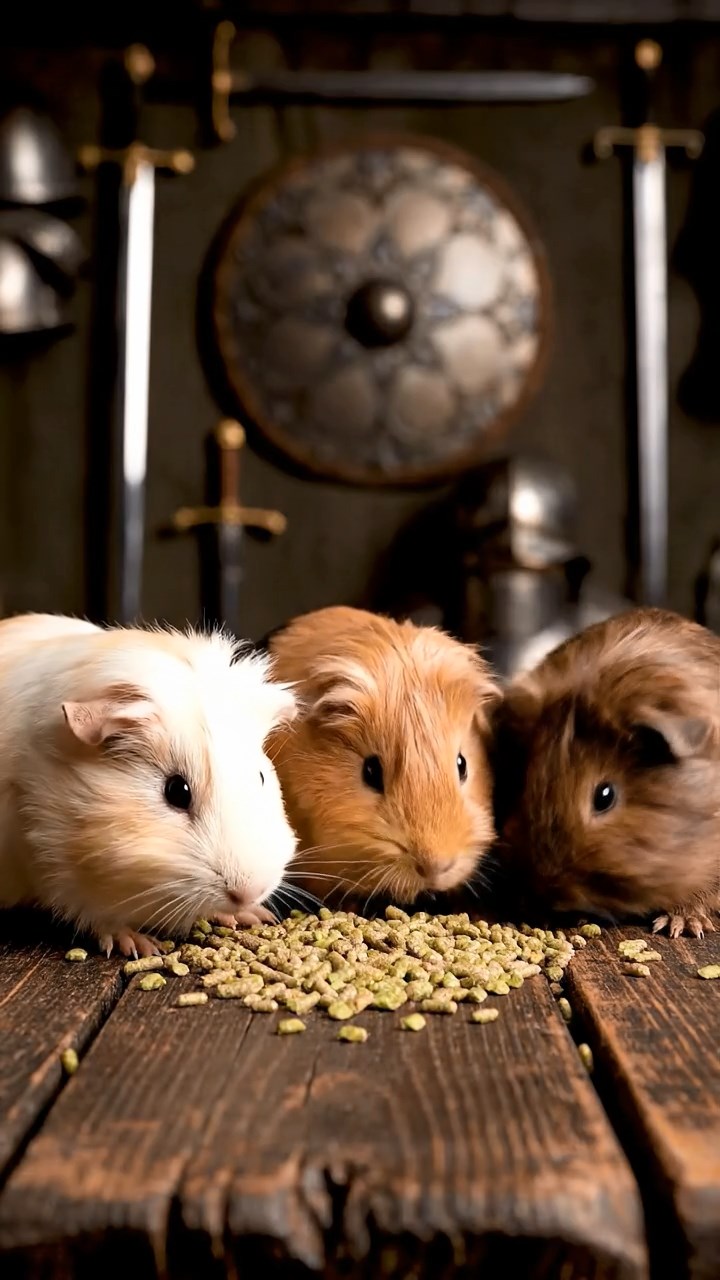 1754. Photorealistic photo of 3 smooth-haired Silkie guinea pigs featuring cream, fawn, and chocolate coats, eating alfalfa pellets, in a medieval armory with swords.