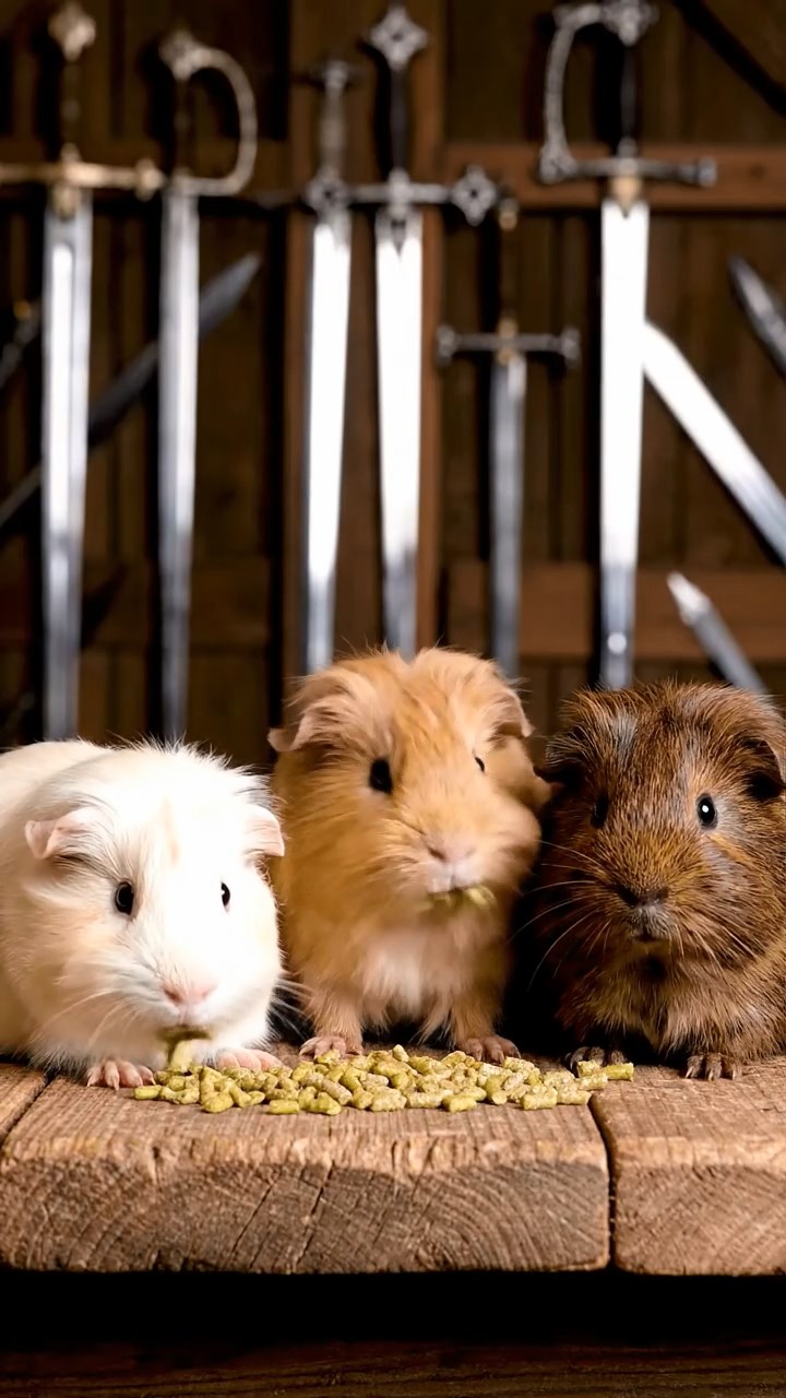 1754. Photorealistic photo of 3 smooth-haired Silkie guinea pigs featuring cream, fawn, and chocolate coats, eating alfalfa pellets, in a medieval armory with swords.