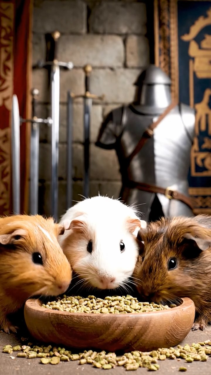 1754. Photorealistic photo of 3 smooth-haired Silkie guinea pigs featuring cream, fawn, and chocolate coats, eating alfalfa pellets, in a medieval armory with swords.