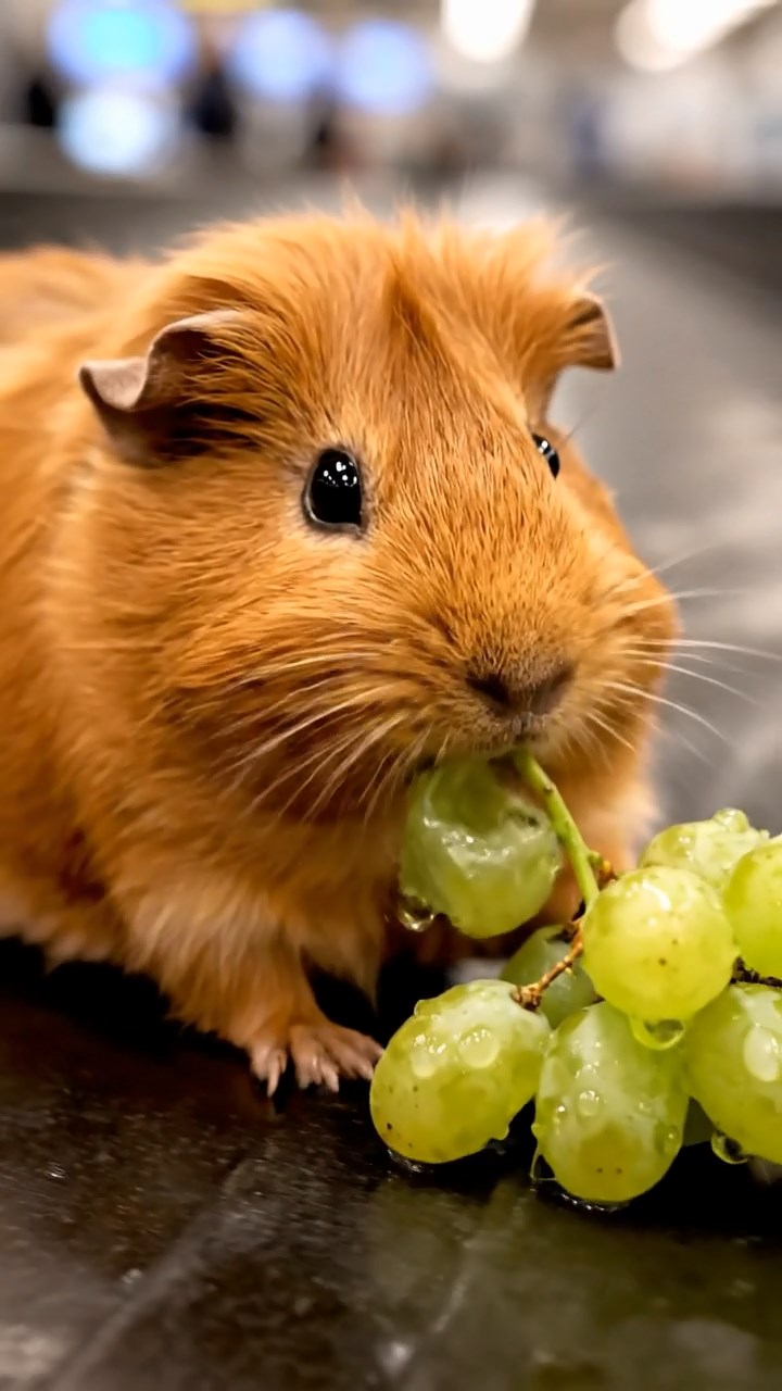 1755. Realistic image of 1 smooth-haired Teddy guinea pig with cinnamon fur, nibbling on grape clusters, on a airport carousel belt.