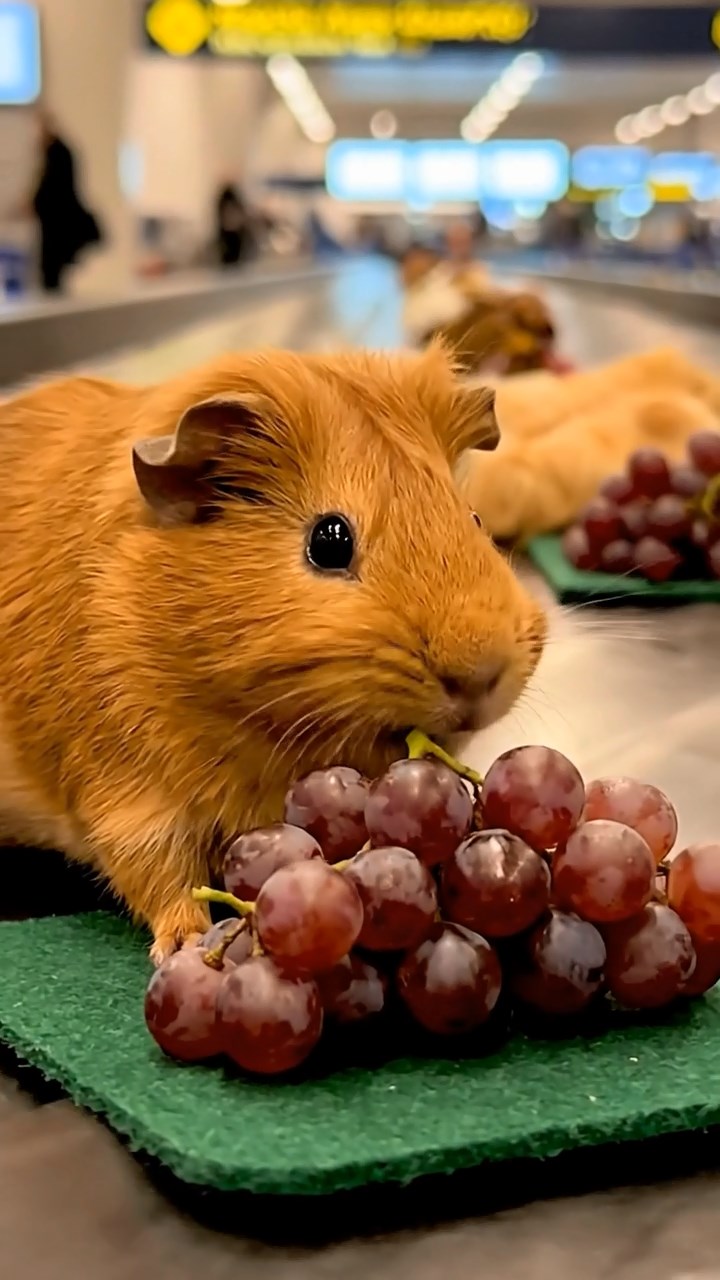 1755. Realistic image of 1 smooth-haired Teddy guinea pig with cinnamon fur, nibbling on grape clusters, on a airport carousel belt.