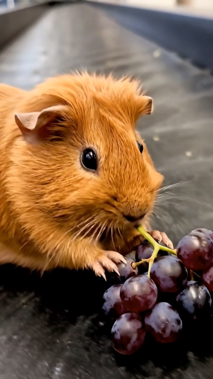 1755. Realistic image of 1 smooth-haired Teddy guinea pig with cinnamon fur, nibbling on grape clusters, on a airport carousel belt.