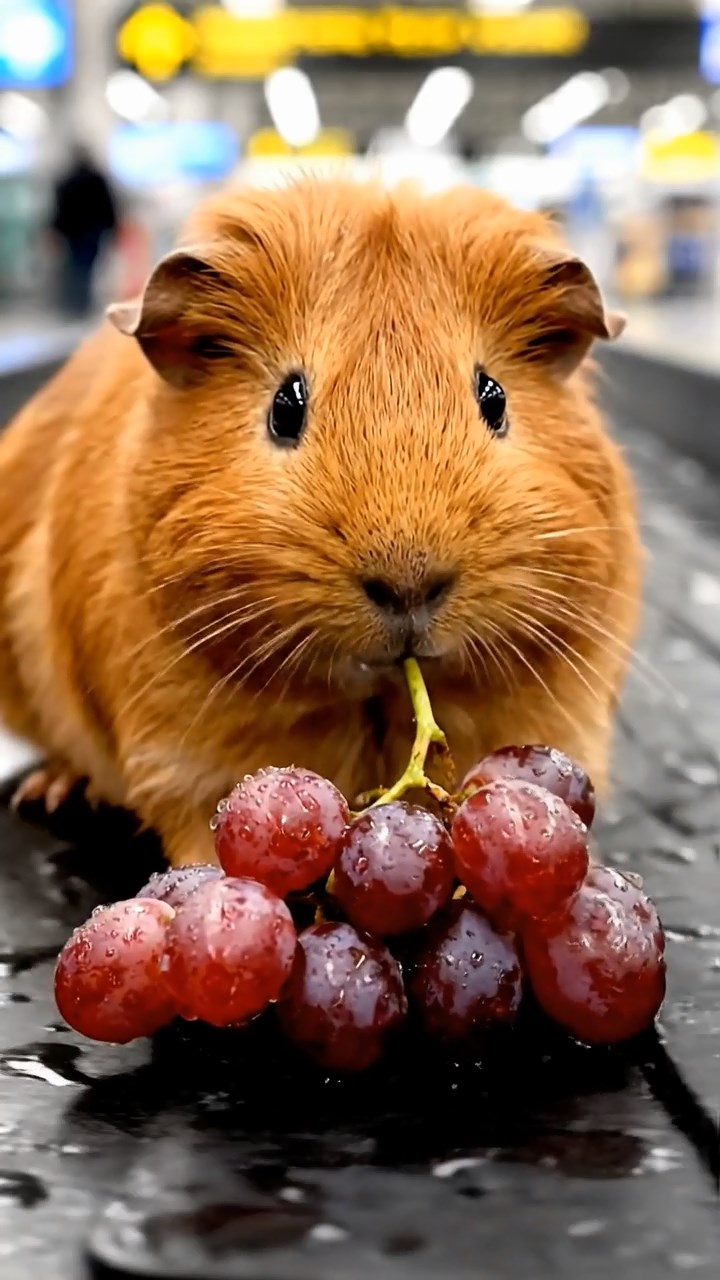 1755. Realistic image of 1 smooth-haired Teddy guinea pig with cinnamon fur, nibbling on grape clusters, on a airport carousel belt.