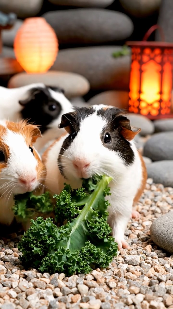 1756. Highly detailed view of 5 smooth-haired Texel guinea pigs with sable, white, and orange fur, chewing on kale stems, in a temple rock garden with lanterns.