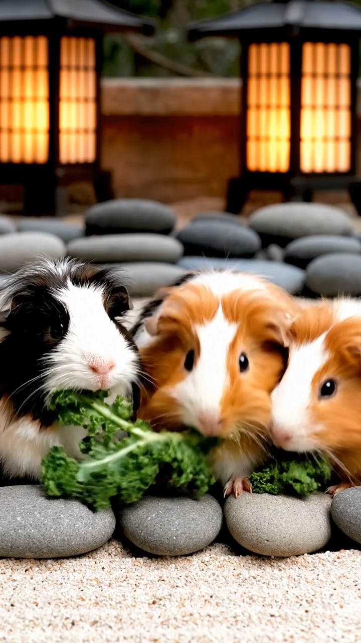 1756. Highly detailed view of 5 smooth-haired Texel guinea pigs with sable, white, and orange fur, chewing on kale stems, in a temple rock garden with lanterns.