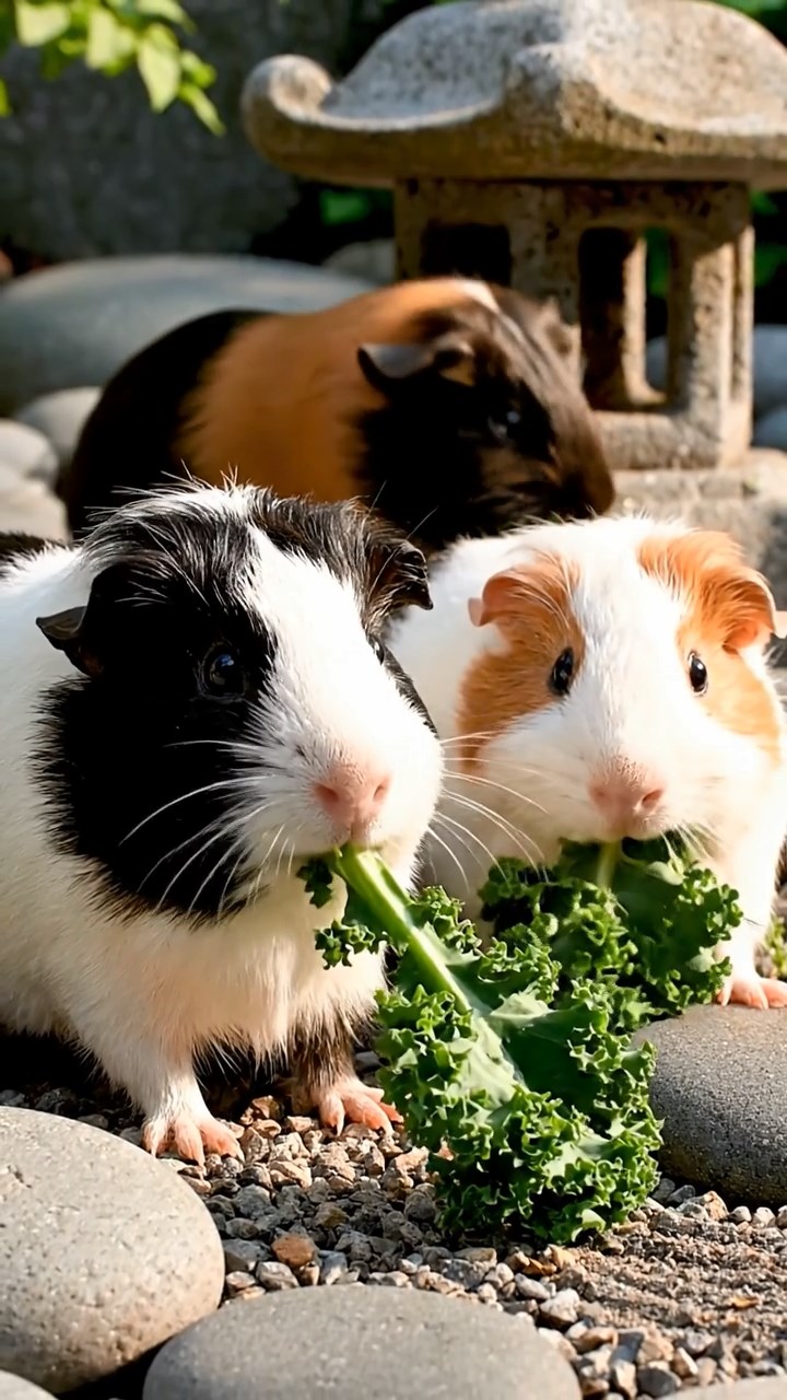 1756. Highly detailed view of 5 smooth-haired Texel guinea pigs with sable, white, and orange fur, chewing on kale stems, in a temple rock garden with lanterns.