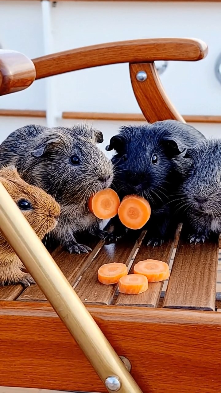 1757. Photorealistic scene of 4 smooth-haired Rex guinea pigs in gray, black, and brown colors, sharing carrot coins, on a ship lounge chair with rails.