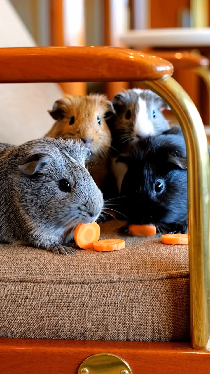 1757. Photorealistic scene of 4 smooth-haired Rex guinea pigs in gray, black, and brown colors, sharing carrot coins, on a ship lounge chair with rails.