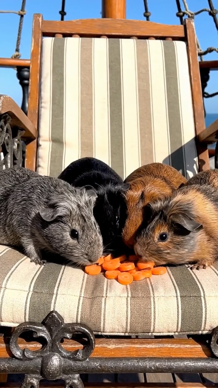 1757. Photorealistic scene of 4 smooth-haired Rex guinea pigs in gray, black, and brown colors, sharing carrot coins, on a ship lounge chair with rails.