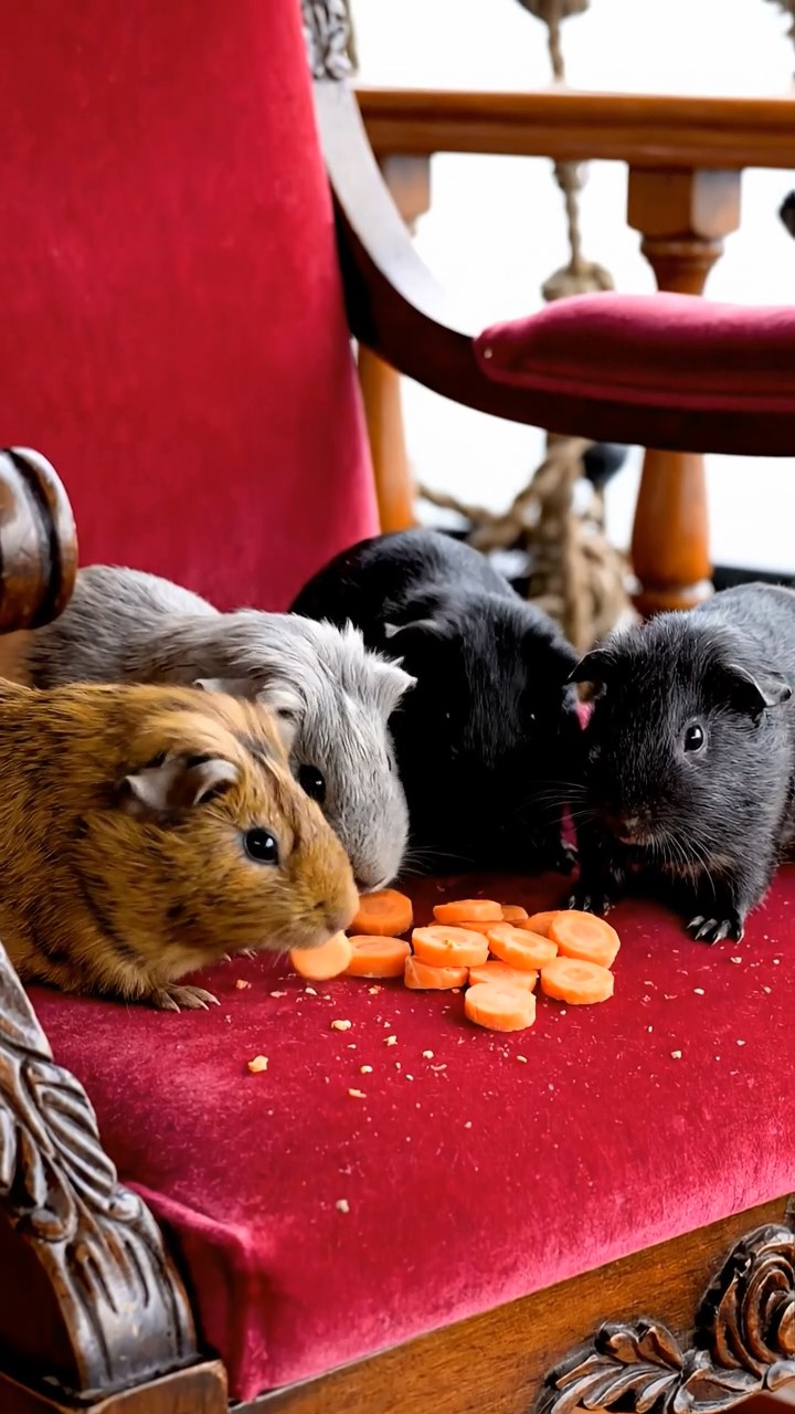 1757. Photorealistic scene of 4 smooth-haired Rex guinea pigs in gray, black, and brown colors, sharing carrot coins, on a ship lounge chair with rails.