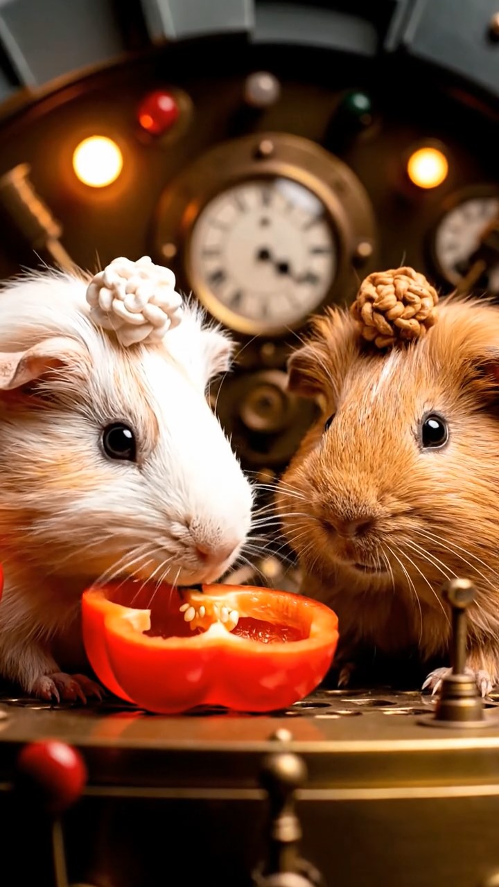 1758. Realistic depiction of 2 smooth-haired Coronet guinea pigs with cream and fawn fur, munching on bell pepper halves, inside a control observatory panel.