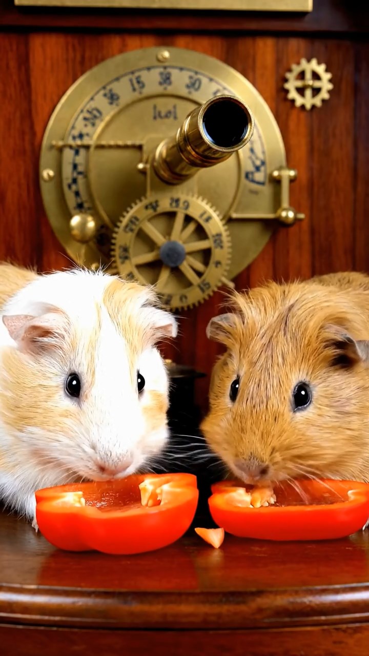 1758. Realistic depiction of 2 smooth-haired Coronet guinea pigs with cream and fawn fur, munching on bell pepper halves, inside a control observatory panel.