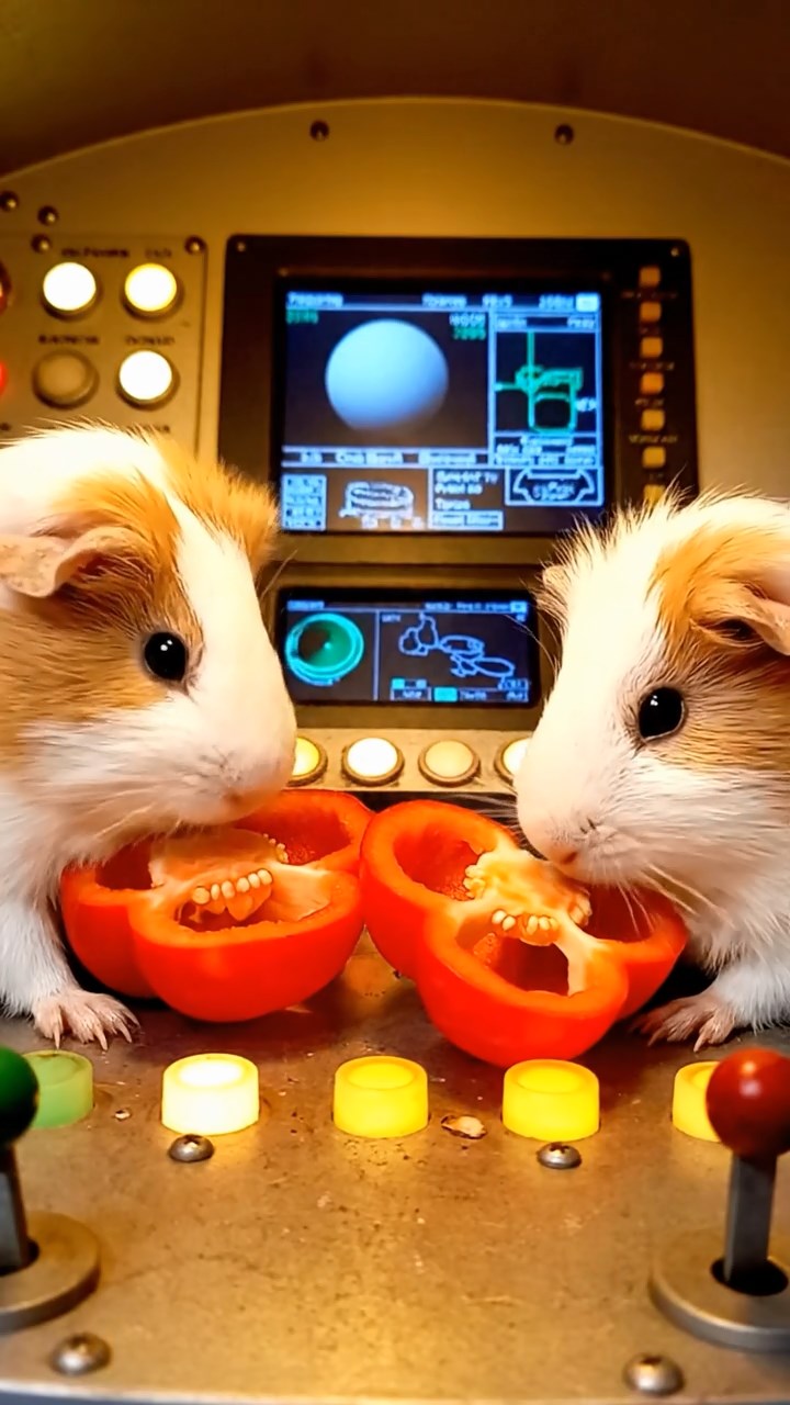 1758. Realistic depiction of 2 smooth-haired Coronet guinea pigs with cream and fawn fur, munching on bell pepper halves, inside a control observatory panel.