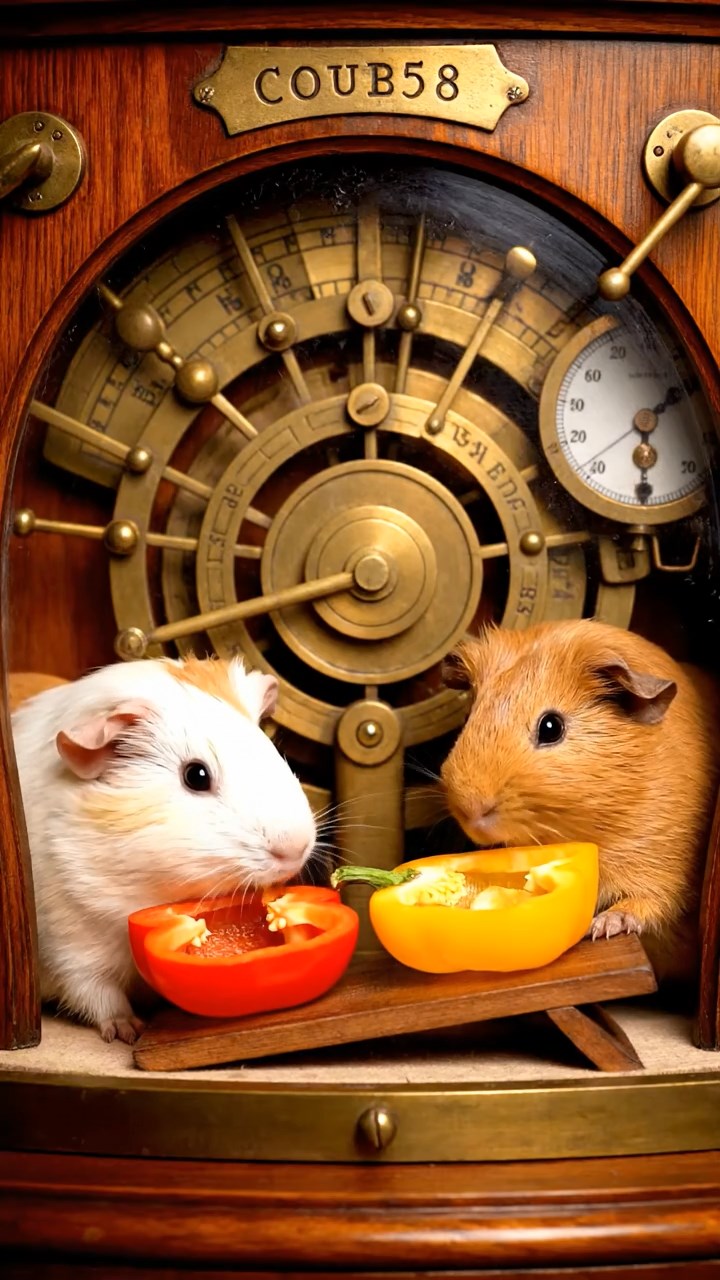 1758. Realistic depiction of 2 smooth-haired Coronet guinea pigs with cream and fawn fur, munching on bell pepper halves, inside a control observatory panel.
