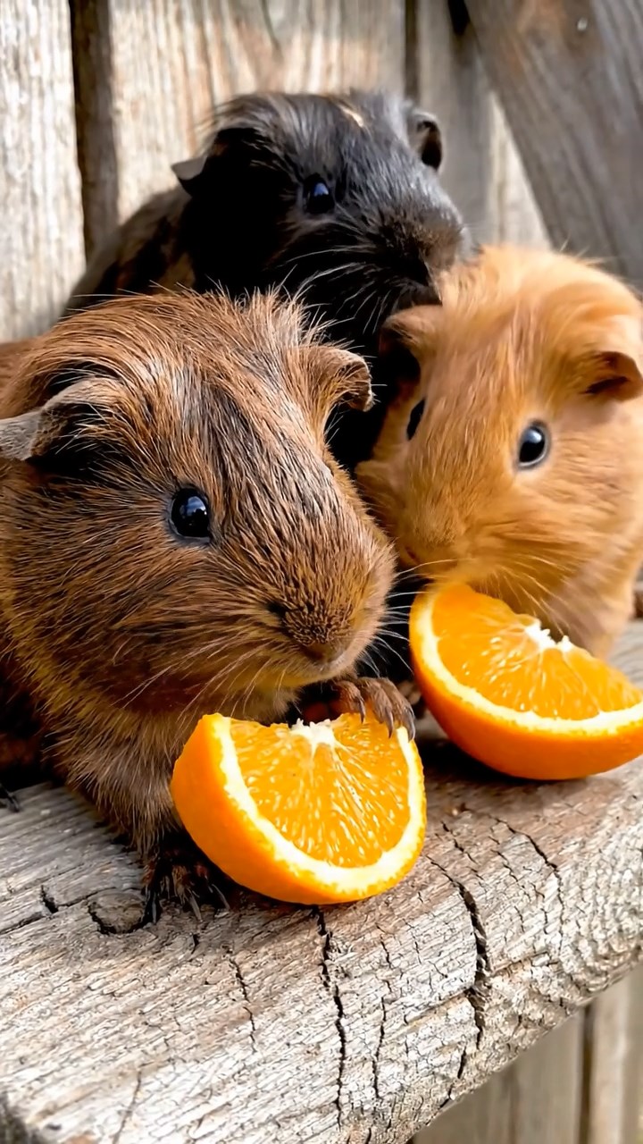 1759. Detailed photo of 3 smooth-haired White Crested guinea pigs featuring chocolate, cinnamon, and sable coats, eating orange wedges, atop a silo roof ladder.