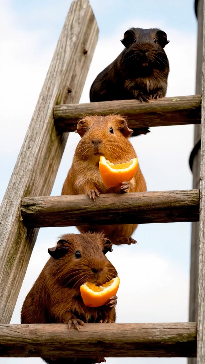 1759. Detailed photo of 3 smooth-haired White Crested guinea pigs featuring chocolate, cinnamon, and sable coats, eating orange wedges, atop a silo roof ladder.