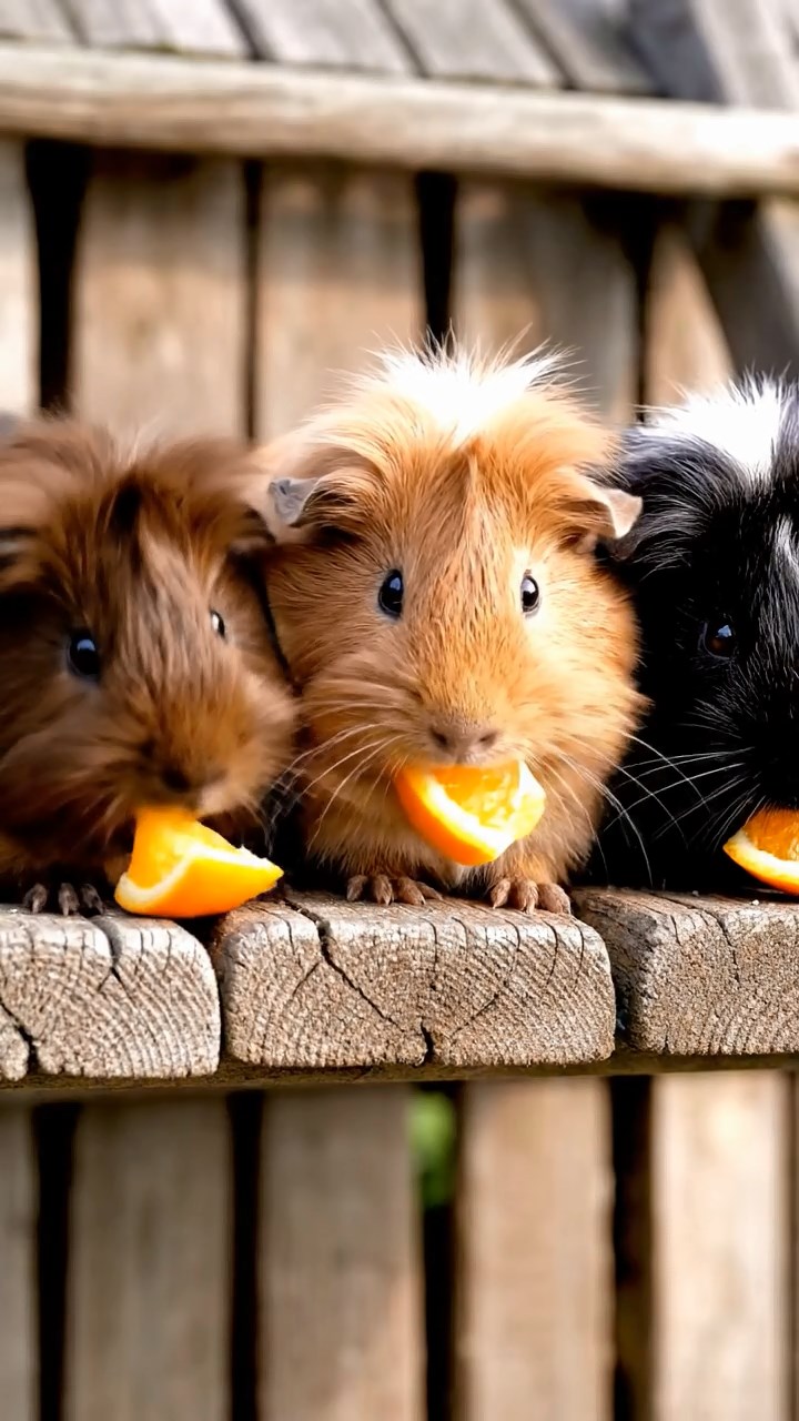 1759. Detailed photo of 3 smooth-haired White Crested guinea pigs featuring chocolate, cinnamon, and sable coats, eating orange wedges, atop a silo roof ladder.