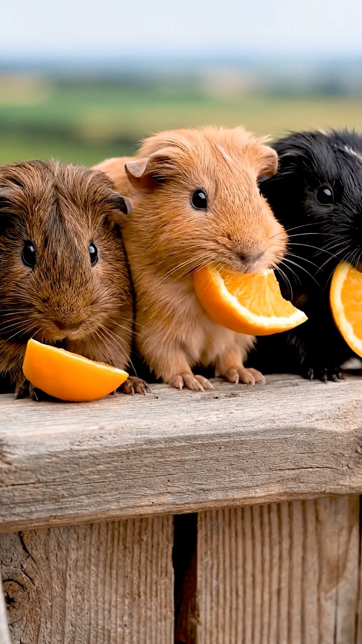 1759. Detailed photo of 3 smooth-haired White Crested guinea pigs featuring chocolate, cinnamon, and sable coats, eating orange wedges, atop a silo roof ladder.