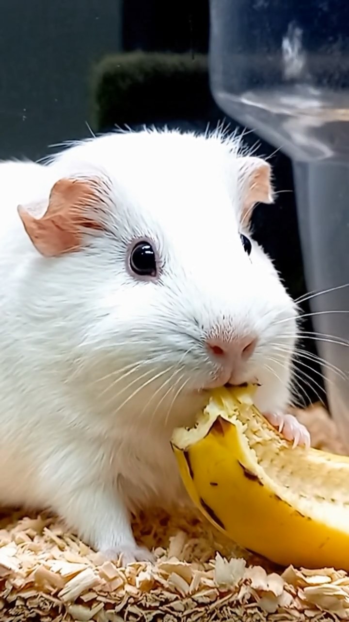 1760. Photorealistic image of 1 smooth-haired Skinny guinea pig with white fur, nibbling on banana skins, beside a filter in aquarium.