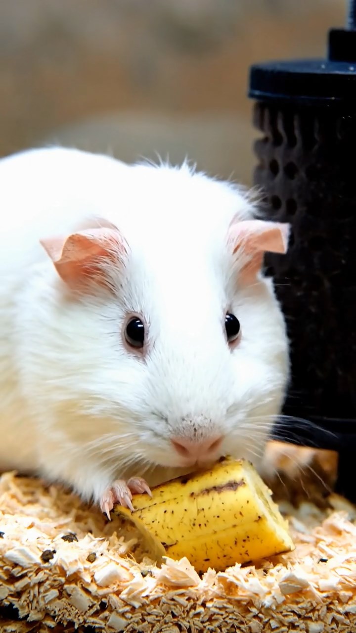 1760. Photorealistic image of 1 smooth-haired Skinny guinea pig with white fur, nibbling on banana skins, beside a filter in aquarium.