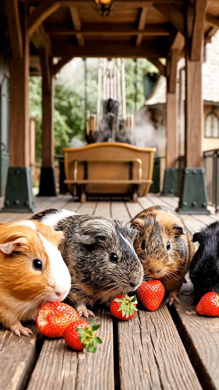 1761. Realistic scene of 4 smooth-haired American guinea pigs with orange, gray, and black fur, chewing on strawberry hulls, in a ride station platform.