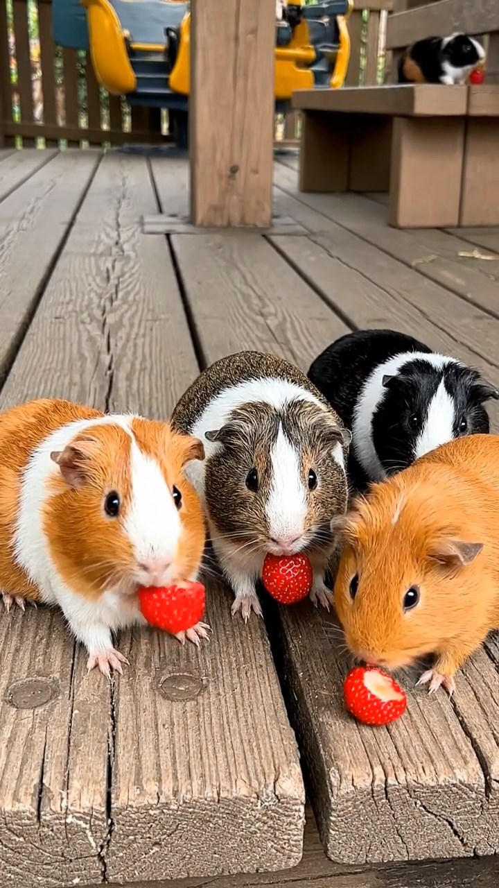 1761. Realistic scene of 4 smooth-haired American guinea pigs with orange, gray, and black fur, chewing on strawberry hulls, in a ride station platform.
