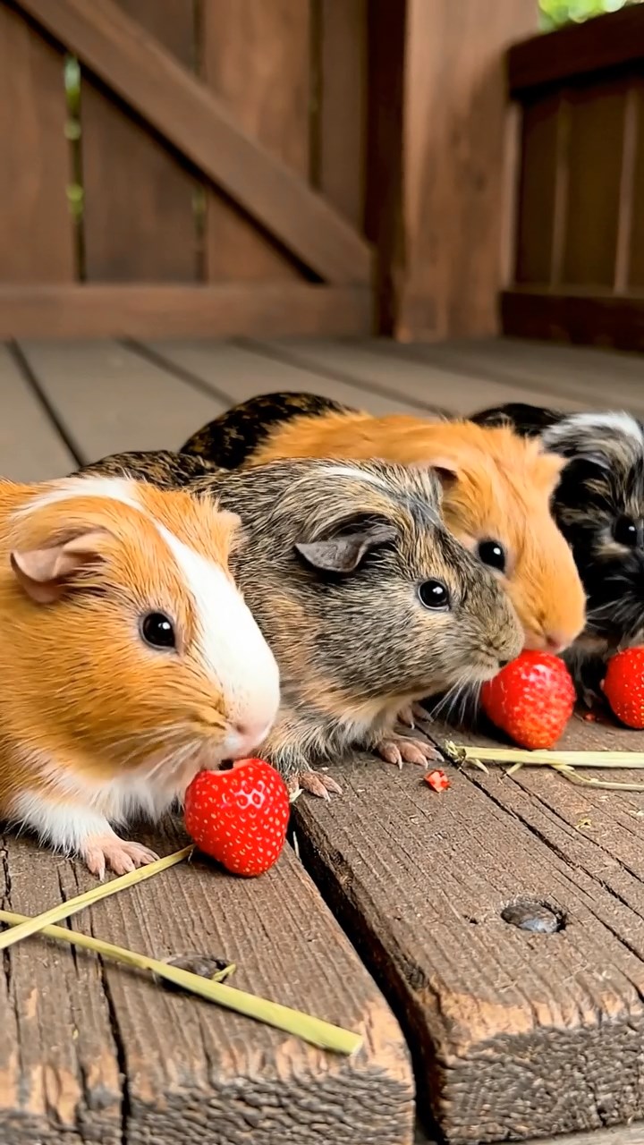 1761. Realistic scene of 4 smooth-haired American guinea pigs with orange, gray, and black fur, chewing on strawberry hulls, in a ride station platform.