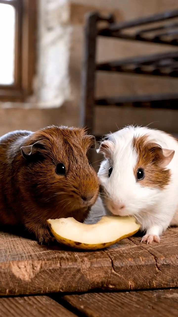 1762. Highly detailed view of 2 smooth-haired Abyssinian guinea pigs in brown and cream colors, sharing pear wedges, among oven racks in kitchen.