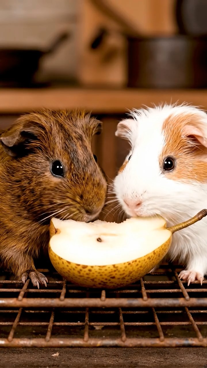 1762. Highly detailed view of 2 smooth-haired Abyssinian guinea pigs in brown and cream colors, sharing pear wedges, among oven racks in kitchen.