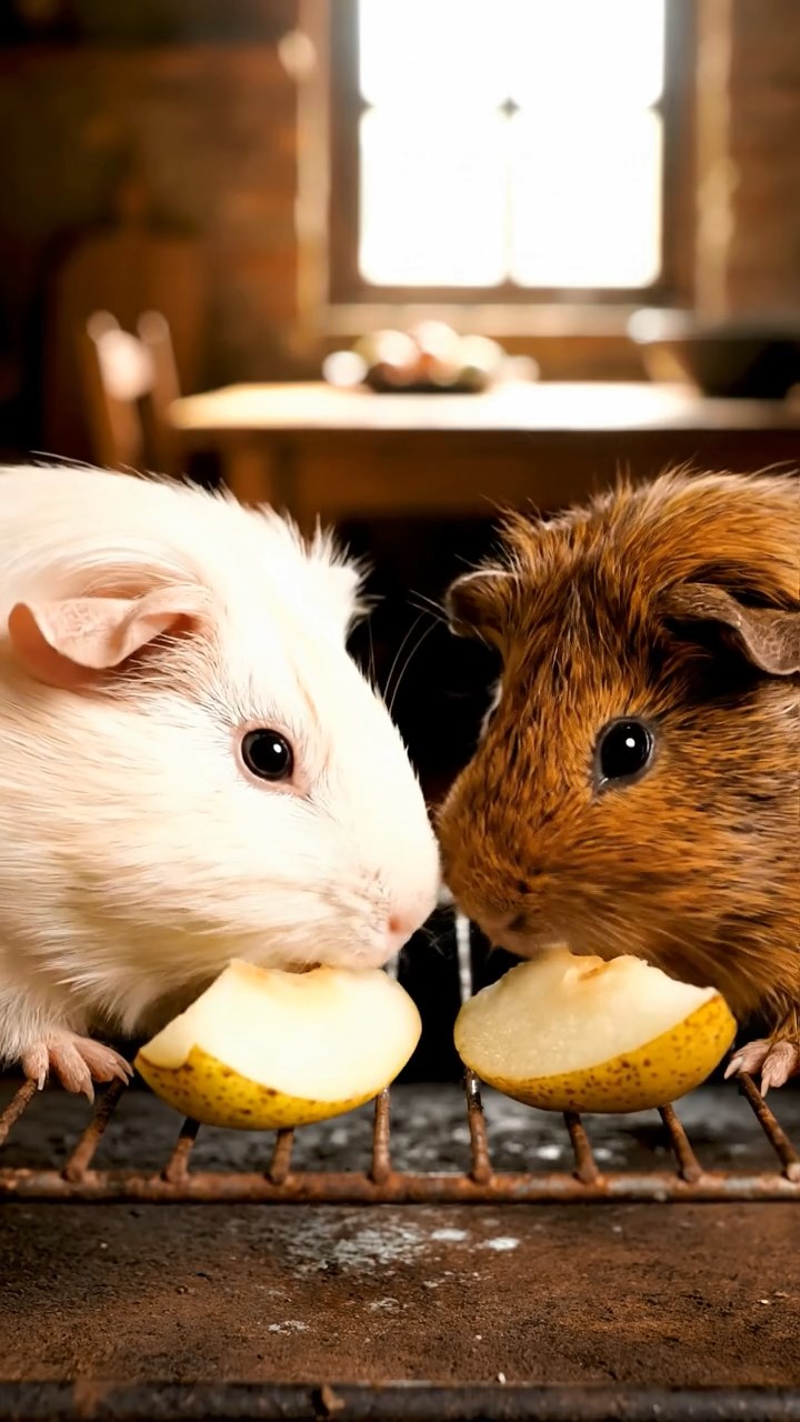 1762. Highly detailed view of 2 smooth-haired Abyssinian guinea pigs in brown and cream colors, sharing pear wedges, among oven racks in kitchen.