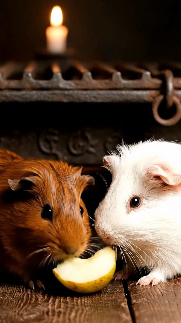 1762. Highly detailed view of 2 smooth-haired Abyssinian guinea pigs in brown and cream colors, sharing pear wedges, among oven racks in kitchen.