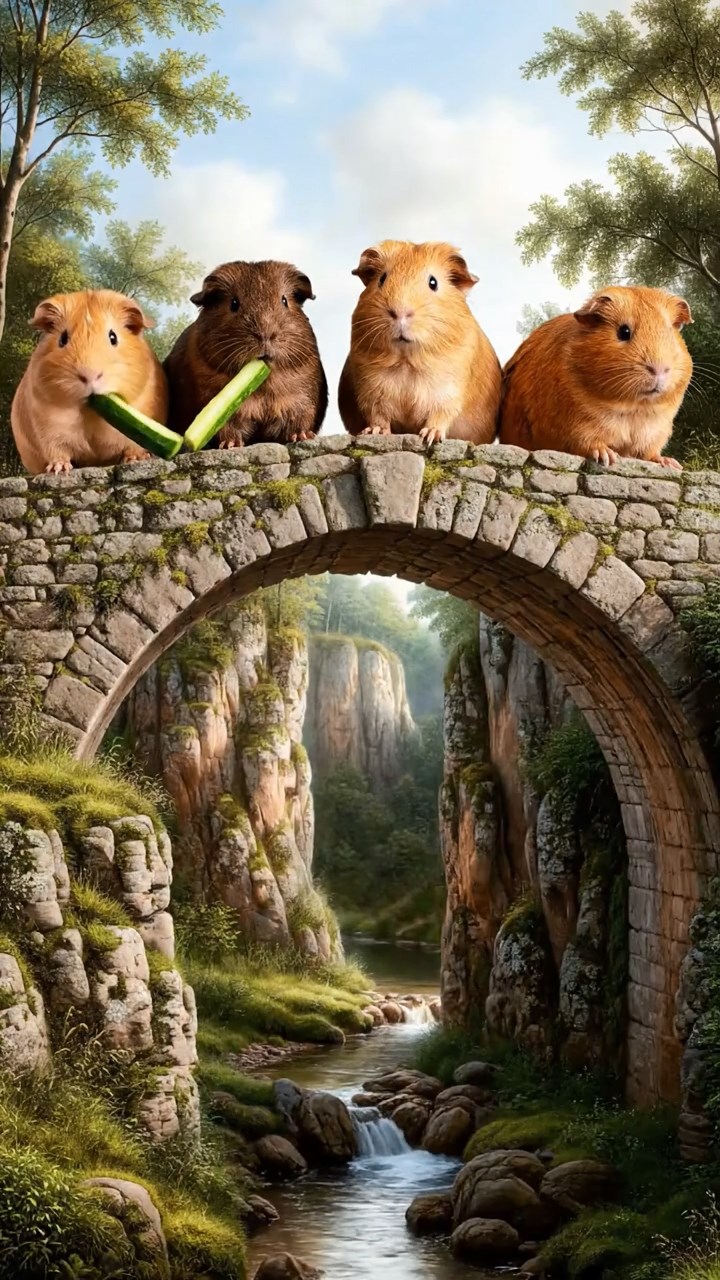 1763. Photorealistic photo of 5 smooth-haired Peruvian guinea pigs with fawn, chocolate, and cinnamon fur, munching on cucumber sticks, across a bridge over gorge.