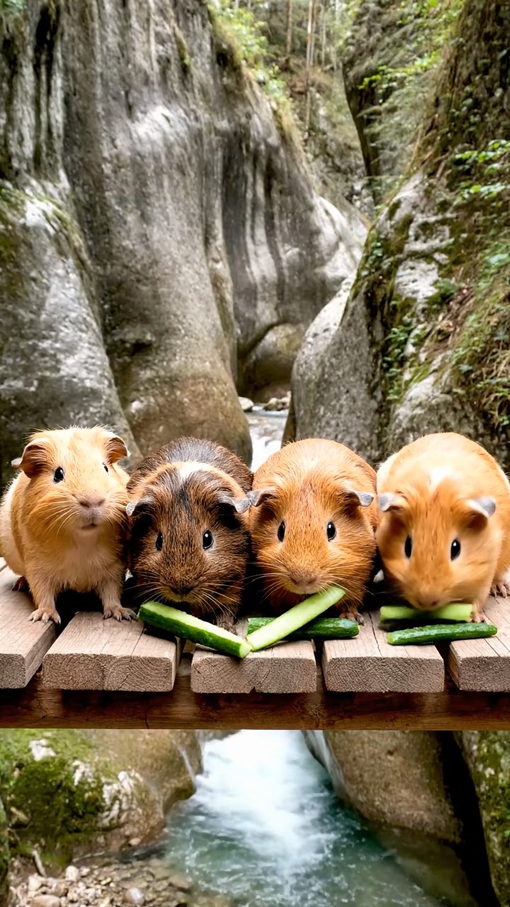 1763. Photorealistic photo of 5 smooth-haired Peruvian guinea pigs with fawn, chocolate, and cinnamon fur, munching on cucumber sticks, across a bridge over gorge.