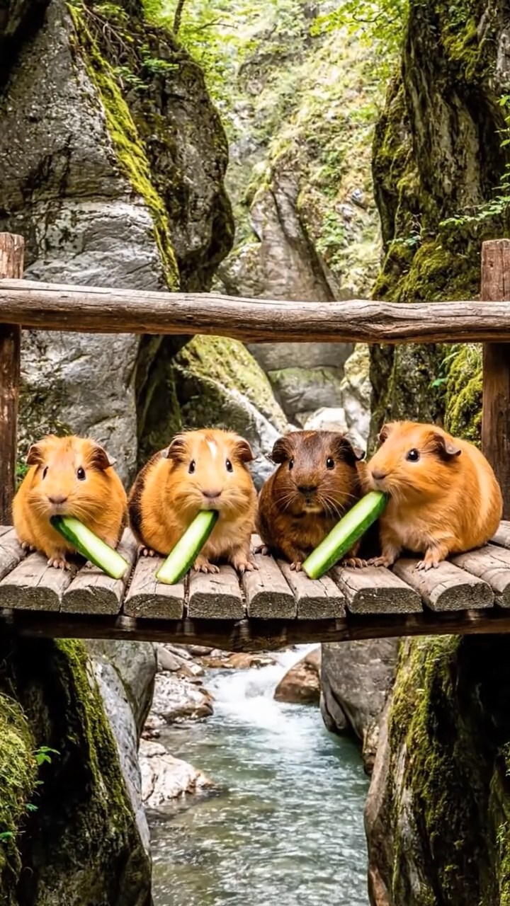 1763. Photorealistic photo of 5 smooth-haired Peruvian guinea pigs with fawn, chocolate, and cinnamon fur, munching on cucumber sticks, across a bridge over gorge.