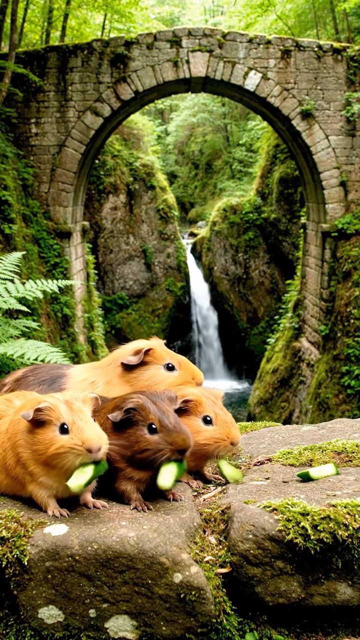 1763. Photorealistic photo of 5 smooth-haired Peruvian guinea pigs with fawn, chocolate, and cinnamon fur, munching on cucumber sticks, across a bridge over gorge.