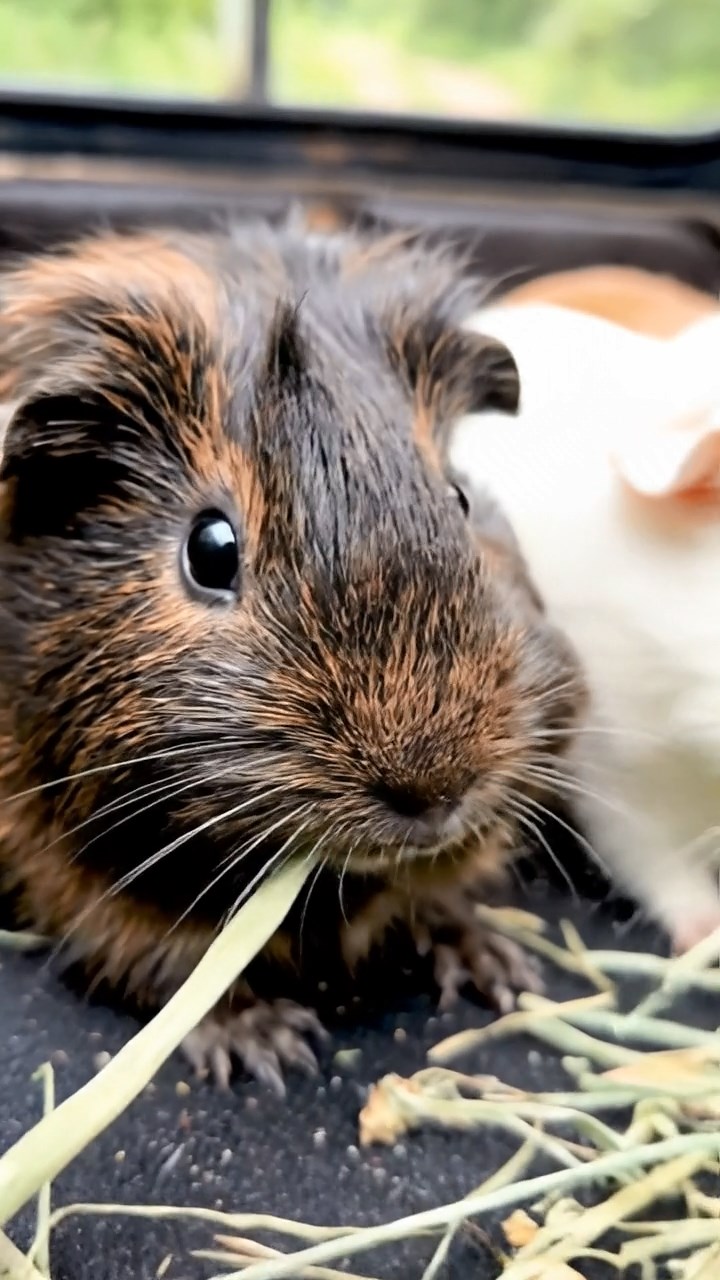 1764. Realistic depiction of 3 smooth-haired Silkie guinea pigs with sable, white, and orange fur, eating timothy hay strands, inside a jeep on trail.