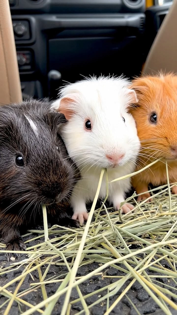 1764. Realistic depiction of 3 smooth-haired Silkie guinea pigs with sable, white, and orange fur, eating timothy hay strands, inside a jeep on trail.