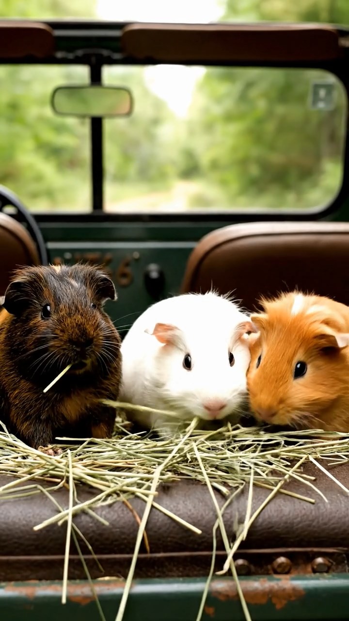 1764. Realistic depiction of 3 smooth-haired Silkie guinea pigs with sable, white, and orange fur, eating timothy hay strands, inside a jeep on trail.