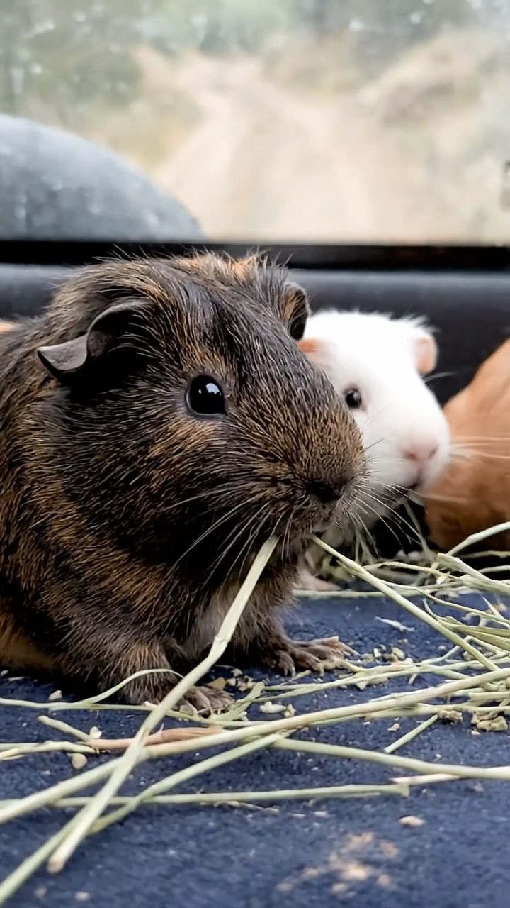 1764. Realistic depiction of 3 smooth-haired Silkie guinea pigs with sable, white, and orange fur, eating timothy hay strands, inside a jeep on trail.