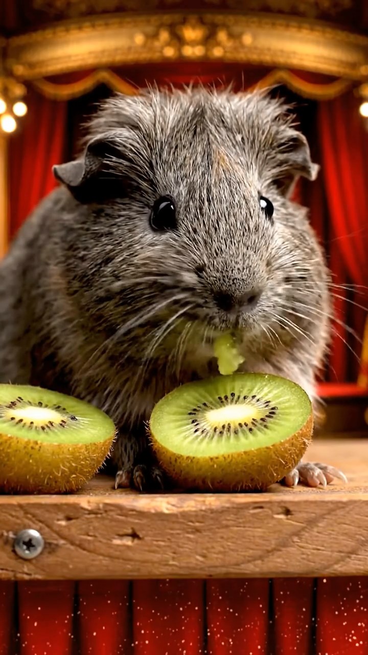 1765. Detailed image of 1 smooth-haired Teddy guinea pig with gray fur, nibbling on kiwi halves, on a box ledge overlooking stage.