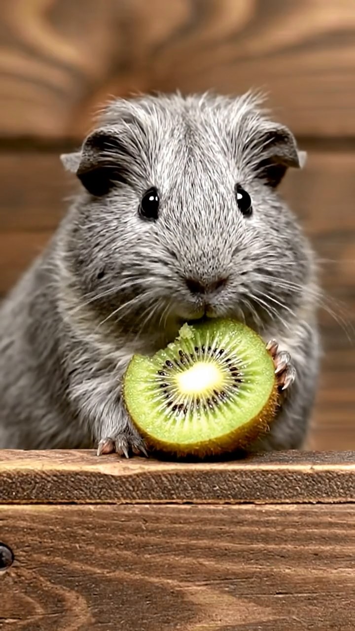 1765. Detailed image of 1 smooth-haired Teddy guinea pig with gray fur, nibbling on kiwi halves, on a box ledge overlooking stage.
