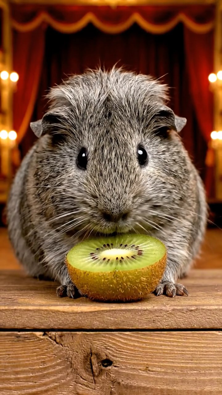 1765. Detailed image of 1 smooth-haired Teddy guinea pig with gray fur, nibbling on kiwi halves, on a box ledge overlooking stage.