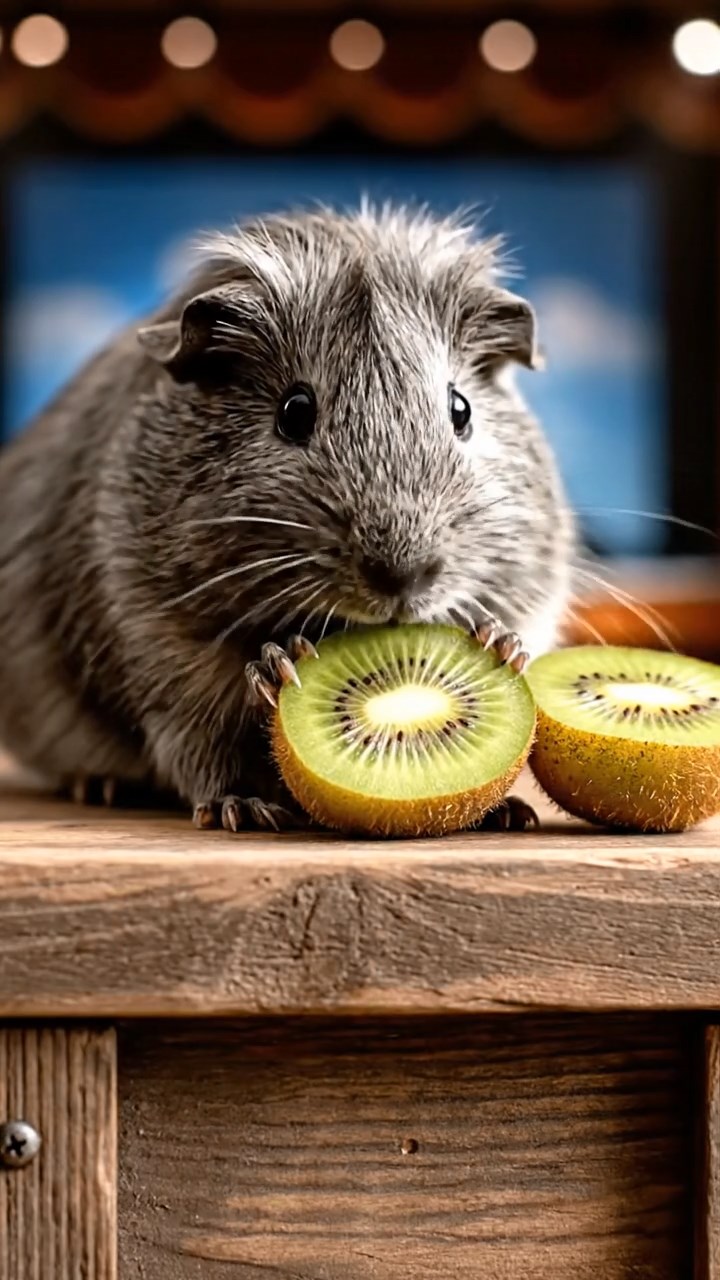 1765. Detailed image of 1 smooth-haired Teddy guinea pig with gray fur, nibbling on kiwi halves, on a box ledge overlooking stage.