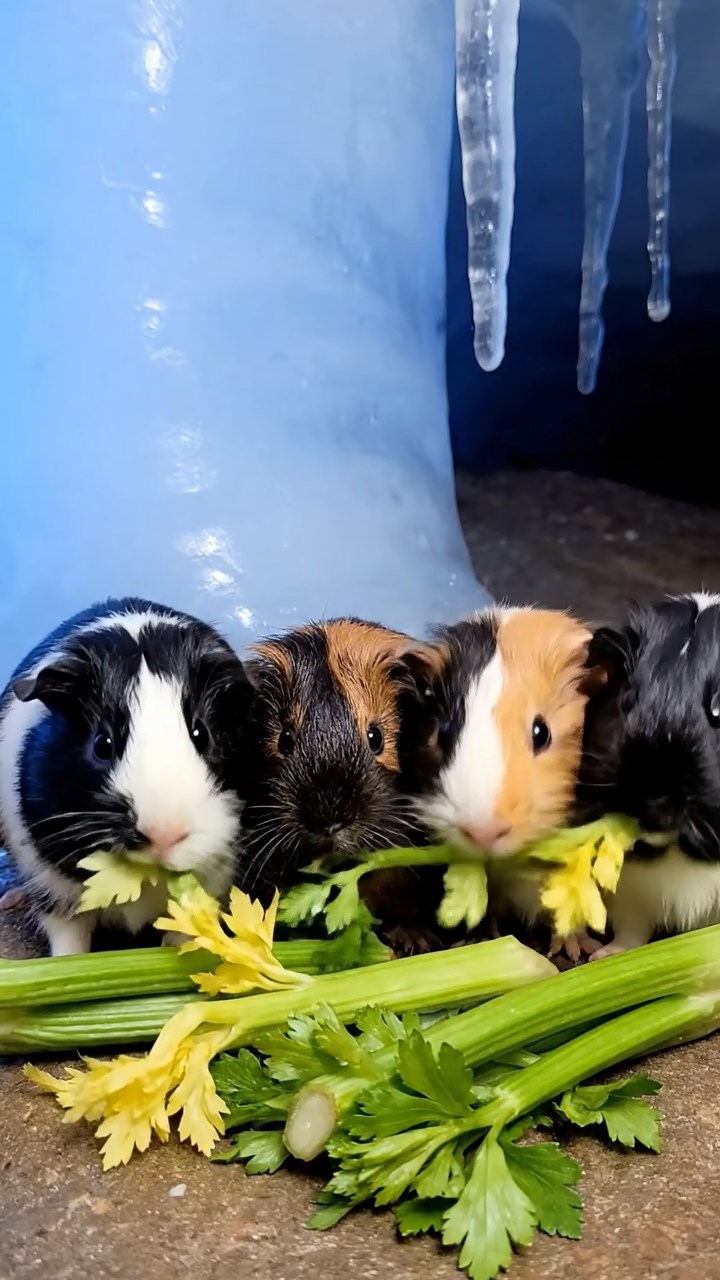 1766. Photorealistic scene of 4 smooth-haired Texel guinea pigs featuring black, brown, and cream coats, chewing on celery bunches, within a cave ice wall.