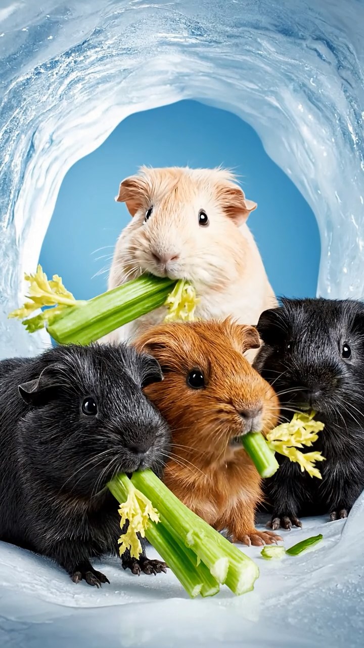 1766. Photorealistic scene of 4 smooth-haired Texel guinea pigs featuring black, brown, and cream coats, chewing on celery bunches, within a cave ice wall.