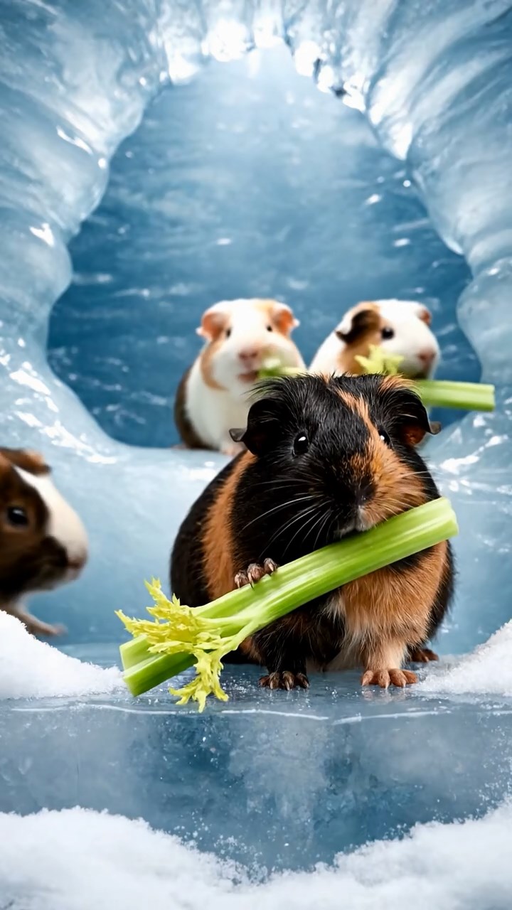 1766. Photorealistic scene of 4 smooth-haired Texel guinea pigs featuring black, brown, and cream coats, chewing on celery bunches, within a cave ice wall.