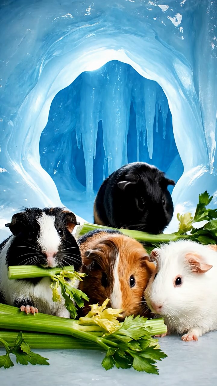 1766. Photorealistic scene of 4 smooth-haired Texel guinea pigs featuring black, brown, and cream coats, chewing on celery bunches, within a cave ice wall.