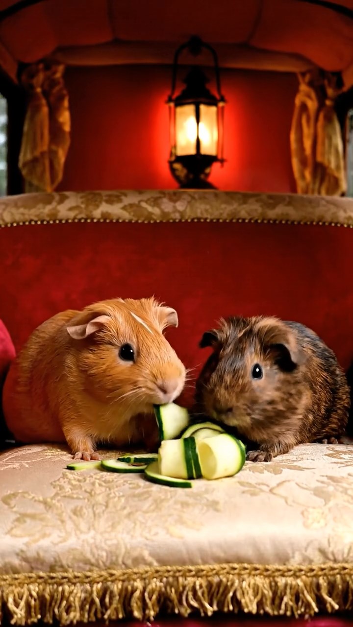 1767. Realistic photo of 2 smooth-haired Rex guinea pigs with fawn and chocolate fur, sharing zucchini spirals, in a car interior ascending.