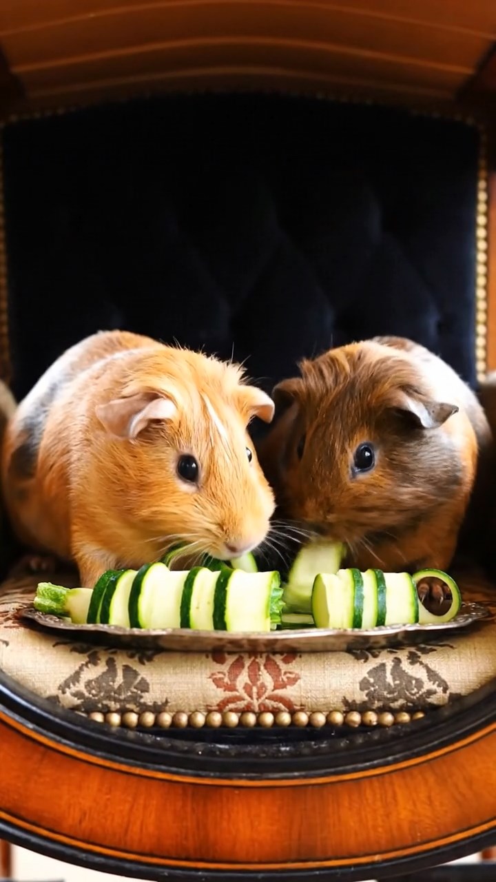 1767. Realistic photo of 2 smooth-haired Rex guinea pigs with fawn and chocolate fur, sharing zucchini spirals, in a car interior ascending.
